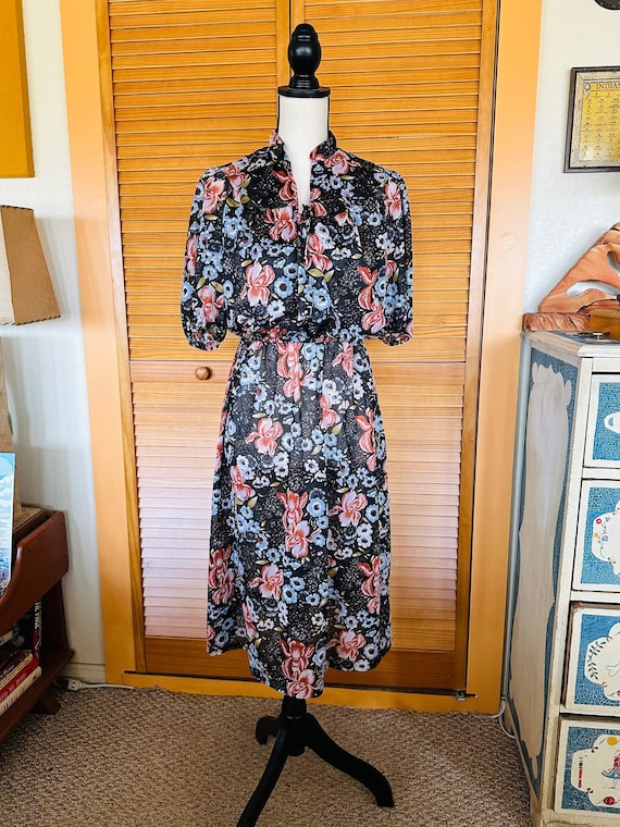 Sweet 80s BLACK FLORAL DRESS Vintage Sheer Summer… - image 1