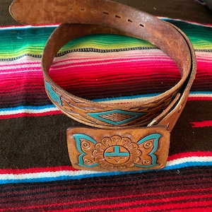 Vintage TOOLED LEATHER THUNDERBiRD BELT Turquoise Hand PAiNTED & Buckle Soft Worn Western Wear Cowboy Cowgirl Native Symbol Sz 36 Hand Made