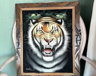 Awesome TIGER BLaCK VELvET PAINTING ViNTAGE Ortiz MeXICO 20" x 24"