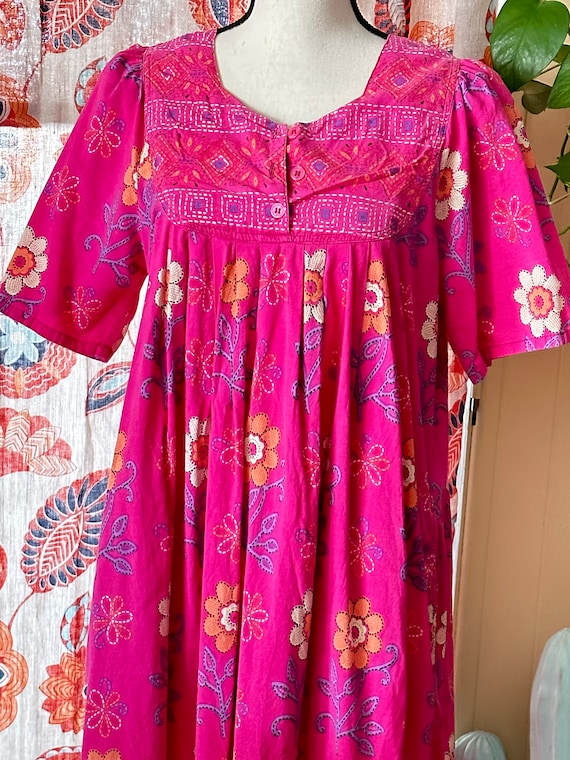 SWeeT CoTTON Vintage 80s HoT PiNK FLORAL KAFTAN D… - image 8