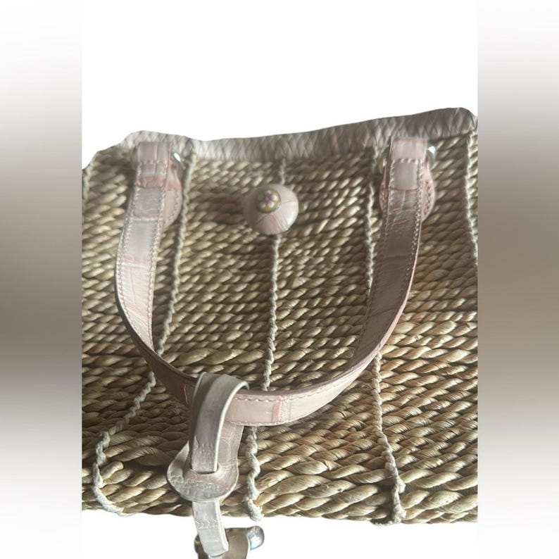 Brighton Vintage Flower Wood Button Straw & Woven Cream Leather Handbag image 2