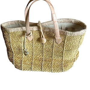 Brighton Vintage Flower Wood Button Straw & Woven Cream Leather Handbag image 1