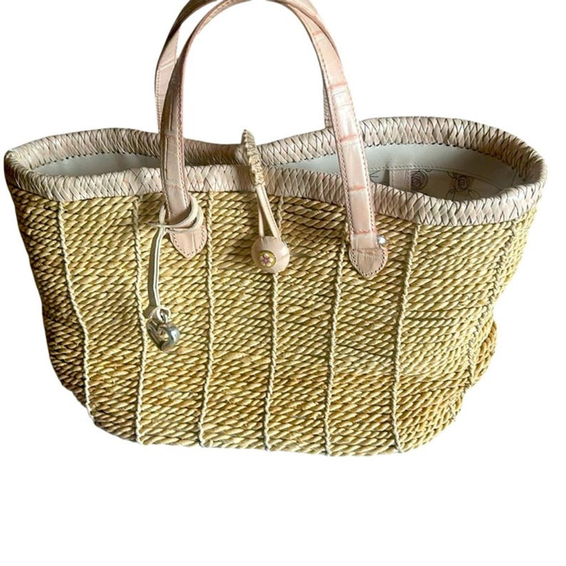 Brighton Vintage Flower Wood Button Straw & Woven Cream Leather Handbag image 1