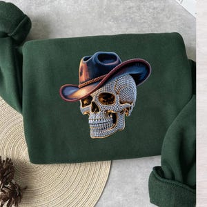 Cappello da cowboy con teschio di diamanti in formato PNG - Clipart di teschio western per sublimazione, download digitale di arte in stile rodeo country gotico scintillante