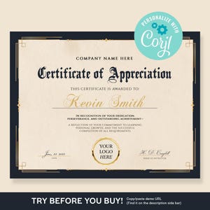 Modello di certificato di apprezzamento modificabile, certificato di laurea stampabile, elegante modello di certificato di laurea Corjl, apprezzamento