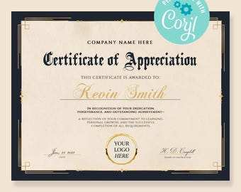 Editable Certificate Of Appreciation Template, Printable Graduation Certificate, Elegant Graduation Certificate Corjl Template, Appreciation