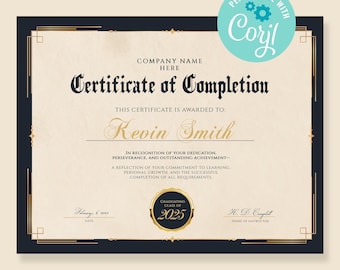 Editable Certificate Of Completion Template, Printable Graduation Certificate, Elegant Graduation Certificate Corjl Template,