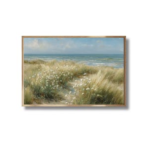 Arte mural de dunas costeras – Paisaje marino con flores silvestres imprimible – Arte costero francés – Póster de dunas de arena – Descarga digital instantánea