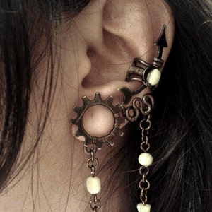 Steampunk Moon Flower Ear Cuff - no piercing customizable with beaded chains
