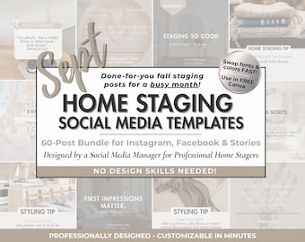 May include: An advertisement for home staging social media templates. The image displays the text "HOME STAGING SOCIAL MEDIA TEMPLATES" and "60-Post Bundle for Instagram, Facebook & Stories". The templates are designed for home stagers.