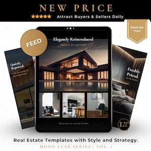 May include: A digital tablet displaying real estate templates with a modern home design. The tablet is flanked by promotional materials with text like "Quietly Repriced" and "Freshly Priced." The top banner reads "NEW PRICE" and "Attract Buyers & Sellers Daily."