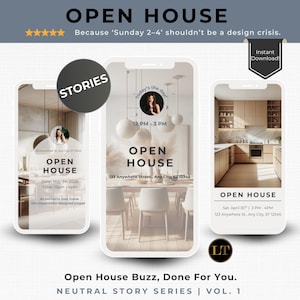 May include: A digital product mockup featuring three smartphone screens displaying "Open House" promotional graphics. The design includes text, images, and event details. The overall theme is real estate marketing, with a neutral color palette.