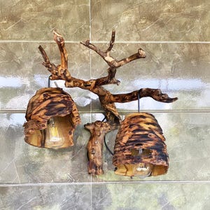 Tree branch wood wall sconce driftwood branch wall mount wood pendant light rustic lamp shade unique decor home art