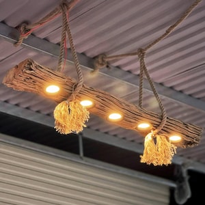Driftwood log pendant light long wood beam chandelier ceiling lighting solid wood hanging light rustic lampshade decoration