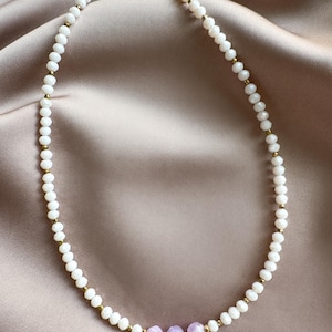 Lavender Chalcedony and Beige Rondelle Beaded Necklace – Dainty Natural Gemstone Jewelry – Minimalist Gift for Her