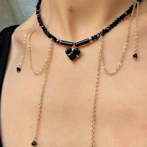 Black Onyx Choker with Heart Pendant and Gold Chains – Gothic Crystal Statement Necklace, Handmade Jewelry, Dark Romance Gift