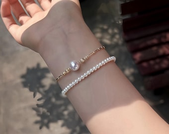 Handmade Natural Pearl Bracelet: 14K Gold Chain, Baby Pearl