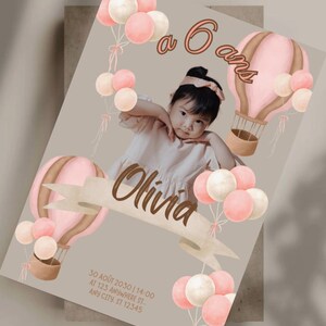 Convite de aniversário rosa suave - Aventura de balão de ar quente.