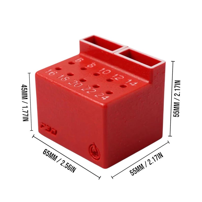 May include: A red, rectangular tool holder with multiple holes and two rectangular slots. The holder is labeled with numbers from 5 to 24, and measures 2.56 inches wide, 2.17 inches deep, and 1.77 inches tall.