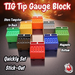 May include: A collection of colorful TIG tip gauge blocks, each with numbered holes for tungsten storage. The blocks are in various colors, including green, yellow, orange, and blue, with the text "TIG Tip Gauge Block". The blocks have a magnetic bottom.