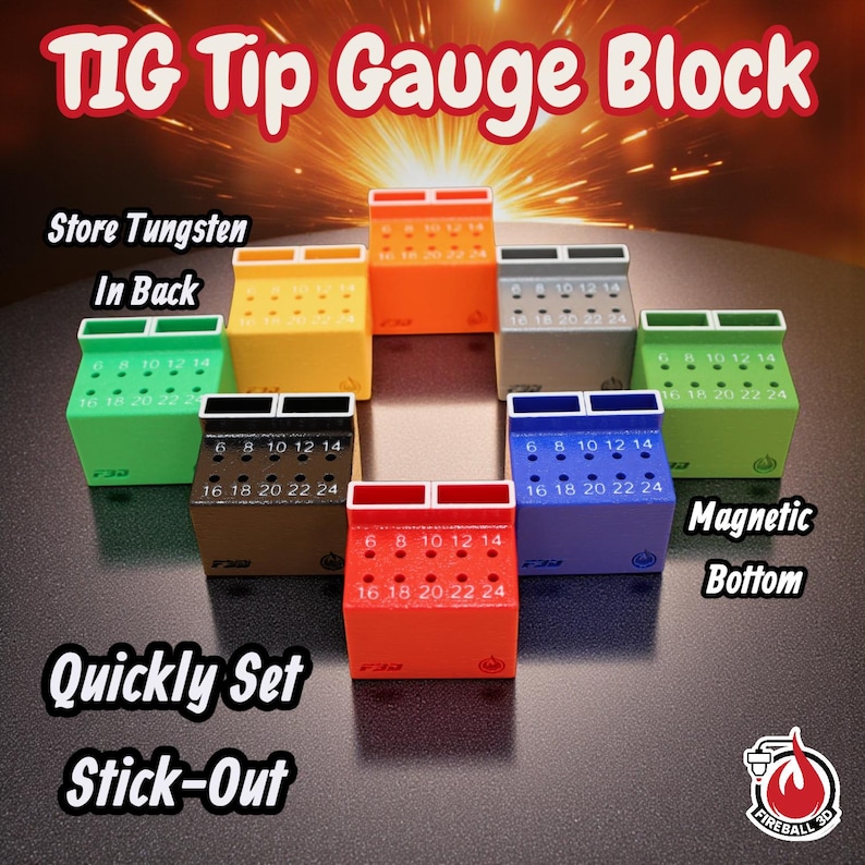 May include: A collection of colorful TIG tip gauge blocks, each with numbered holes for tungsten storage. The blocks are in various colors, including green, yellow, orange, and blue, with the text "TIG Tip Gauge Block". The blocks have a magnetic bottom.