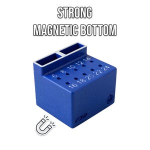 May include: A blue magnetic tool holder with the text "STRONG MAGNETIC BOTTOM". It has holes labeled with numbers from 6 to 24. The holder has two rectangular slots on top and a magnetic base.