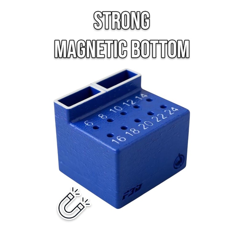 May include: A blue magnetic tool holder with the text "STRONG MAGNETIC BOTTOM". It has holes labeled with numbers from 6 to 24. The holder has two rectangular slots on top and a magnetic base.