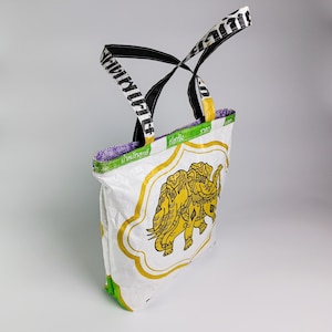 Handmade Upcycled Thai Rice Sack Tote | Golden Elephant Print | Zipper Closure | Isan