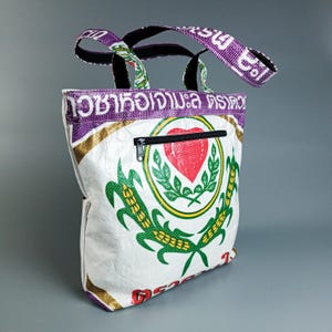 Upcycled Rice Sack Tote Bag | Handmade from Thailand | Zipper Pocket | Unique City Purse