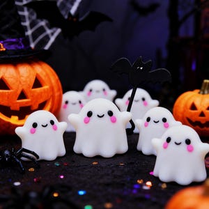 以下が含まれることがあります： ピンクの頬と笑顔の白いゴーストフィギュアを特徴とするハロウィーンをテーマにしたアレンジメント。彫刻されたオレンジ色のカボチャ、黒いクモ、コウモリ型の装飾が、暗い背景に配置されています。
