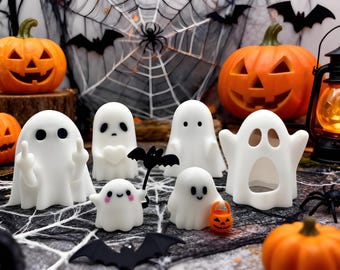 Halloween Geist Figuren Set - Niedliche & Gruselige 3D Gedruckte Gespenster mit Kürbis Eimern, Gruseliges Dekor