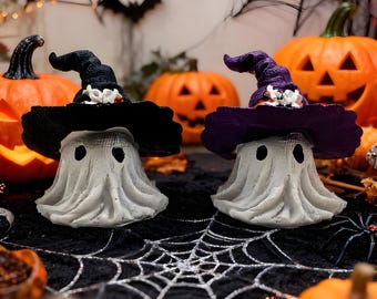 Figura de fantasma con sombrero de bruja de resina hecha a mano: decoración espeluznante para Halloween