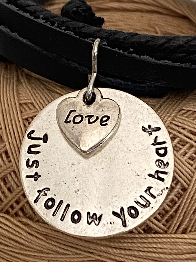 Just Follow Your Heart Leather Bracelet with Silvertone Charm image 1