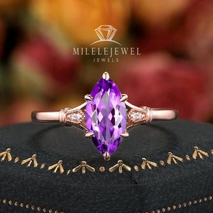 Unique Marquise Cut Purple Amethyst Engagement Ring, 14K Rose Gold February Birthstone and Diamond Six Prongs Promise Anniversary Ring Gift