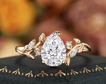 Anillo de compromiso único con diamantes cultivados en laboratorio en forma de pera, oro amarillo macizo, anillo de promesa inspirado en la naturaleza, anillo de aniversario con hojas de rama para mujer.