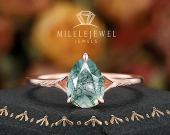 Unique Pear Shape Moss Agate Solitaire Engagement Ring Rose Gold Nature Inspired Leaf Promise Ring One Stone Anniversary Ring Gift for women