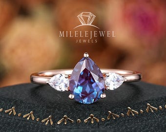 Three Stones Pear Cut Alexandrite Engagement Ring: Solid Rose Gold, 24K Gold plated 925 Silver Wedding, Platinum Promise, June Birthstone
