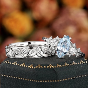 Marquise Cut Natural Aquamarine Leaf Engagement Ring Set, White Gold Nature Inspired Floral Bridal Set His and Hers Couple Wedding Ring Gift