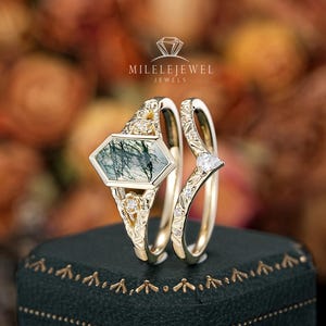 Vintage Hexagon Moss Agate Engagement Ring Set: Full Bezel Yellow Gold Diamond Wedding Promise Ring, Engraved Leaf, 24K Gold Plated Silver