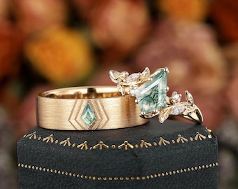 Unique Kite Moss Agate Engagement Ring Set 14K Yellow Gold His and Hers Couple Promise Ring Twig Leaf Nature Inspired Vine Wedding Ring