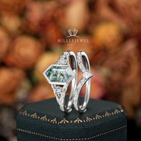 Vintage Hexagon Moss Agate Engagement Ring Set: Full Bezel White Gold Diamond Wedding Promise Ring, Engraved Leaf, 24K Gold Plated Silver