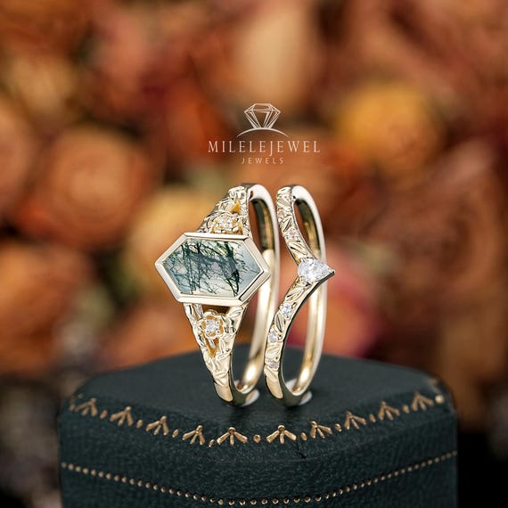 Vintage Hexagon Moss Agate Engagement Ring Set: Full Bezel Yellow Gold Diamond Wedding Promise Ring, Engraved Leaf, 24K Gold Plated Silver