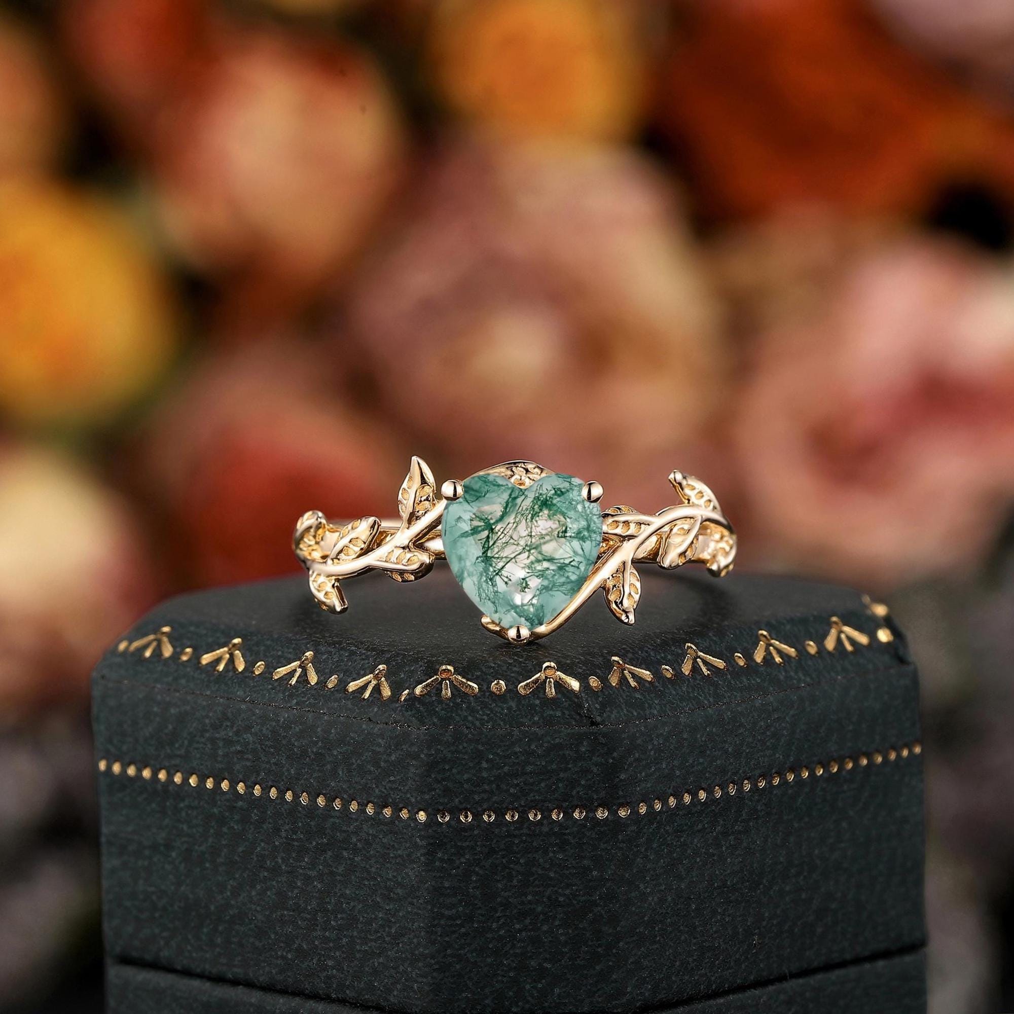 Unique Heart Shape Moss Agate Engagement Ring Yellow Gold Solitaire Nature Inspired Promise Ring Twig Leaf Anniversary Ring Gift for women