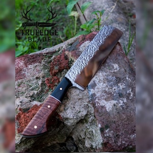 Hand-Forged Nakiri Knife – Damascus Style Hammered Blade with Exotic Wood Handle | Japanese knife.