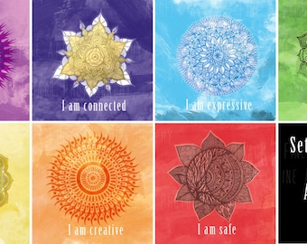 Chakra Affirmation Cards | I Am | Set of 7 Chakra Prints | Mandala Design | Chakra Prints