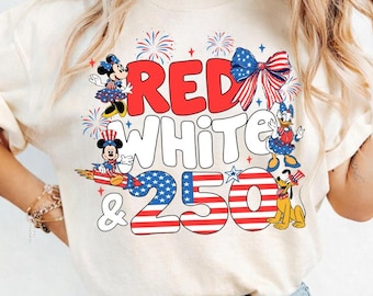 Coquette Bow Red White and 250 Disney USA 250th Anniversary Shirt, US Flag Happy 4th of July, Mickey and Friends Independence Day, 250 Years