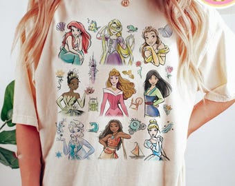 Camiseta de princesa Disney, Cenicienta, Bella, Rapunzel, Tiana, Moana, boceto, camiseta de viaje de Disney para niña, camiseta de viaje de Disney, camiseta de cumpleaños de princesa para niña