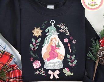 Camiseta navideña de Disney con lazo de coqueta y princesa Rapunzel de Enredados, fiesta navideña de Mickey, camiseta navideña de Disney para niña.