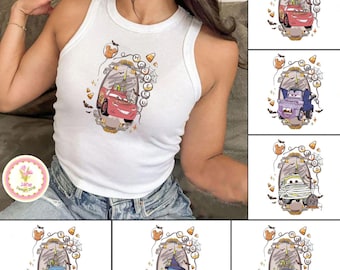 Retro Disney Cars Halloween Baby Tee Crop Tank, Vintage Disney Cars All Characters Halloween Shirts, Lightning Mcqueen Shirt, Tow Mater Tee