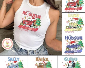 Retro Disney Cars Christmas Baby Tee Crop Tank, Vintage Disney Cars All Characters Christmas Shirts, Lightning Mcqueen Shirt, Tow Mater Tee